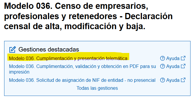 Rellenando Modelo 036 para registrar la actividad